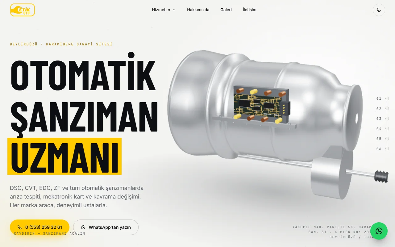 Etik Oto web sitesinin açılış ekranı: büyük başlık ve 3D şanzıman modeli